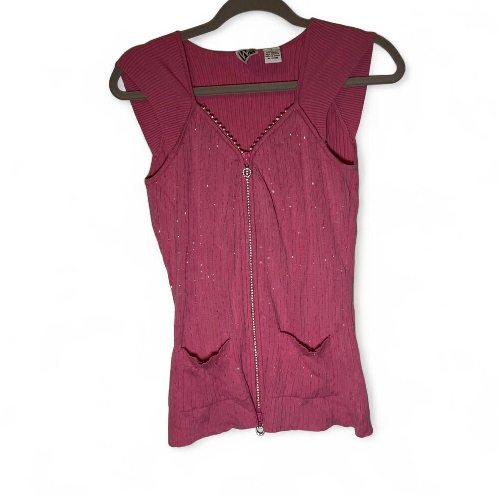 Bright Pink WR Sleeveless Bling Zip Up Top Size Sm Y2K Glam